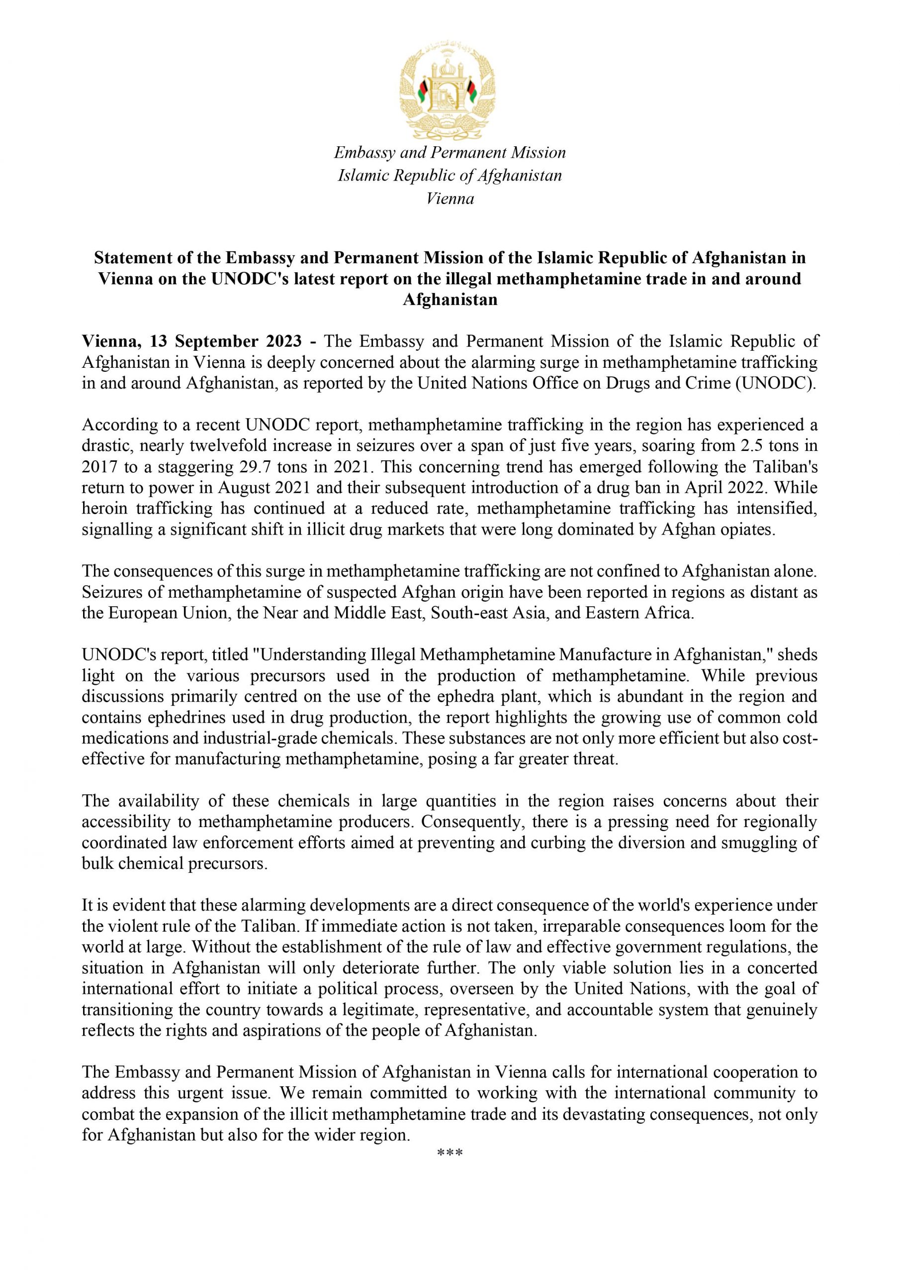 Statement of the Embassy and Permanent Mission of the Islamic Republic of Afghanistan in Vienna on the UNODC’s latest report on the illegal methamphetamine trade in and around Afghanistan
